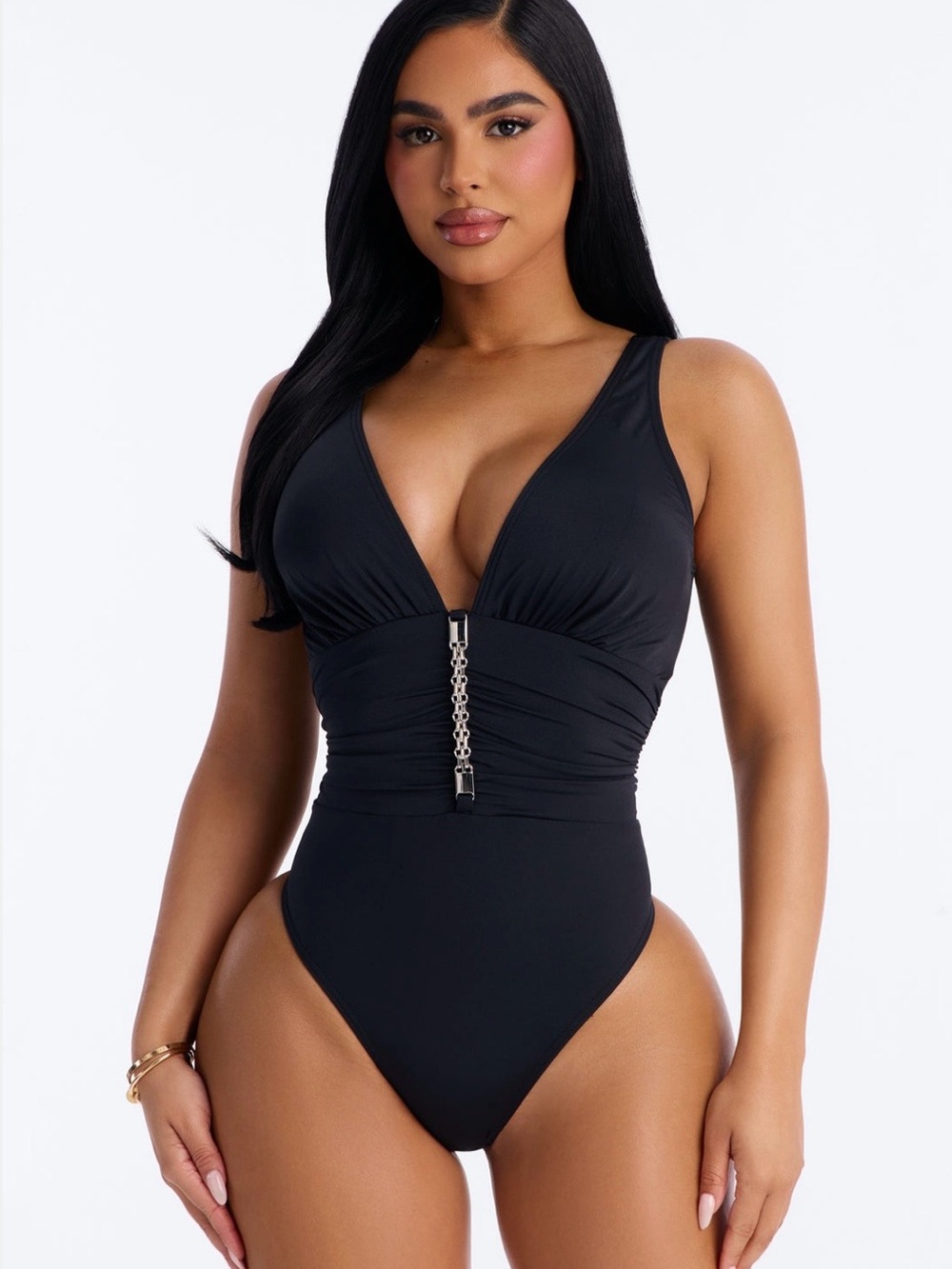 Fashion Nova Black V-Neck One-Piece Swimsuit with Chain Detail